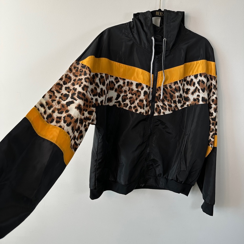 Black & Leopard Print Windbreaker Hooded Track Jacket With Pockets Size L - Picture 4 of 11